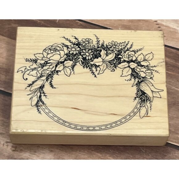 PSX K-413 WOOD MOUNTED OVAL RUBBER STAMP SWAG BOTANICAL - Picture 1 of 3